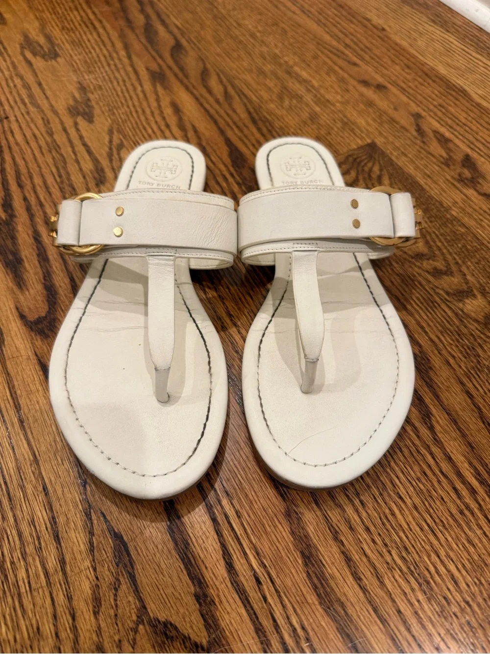 Tory Burch White Leather Thong Sandals with Gold Accent